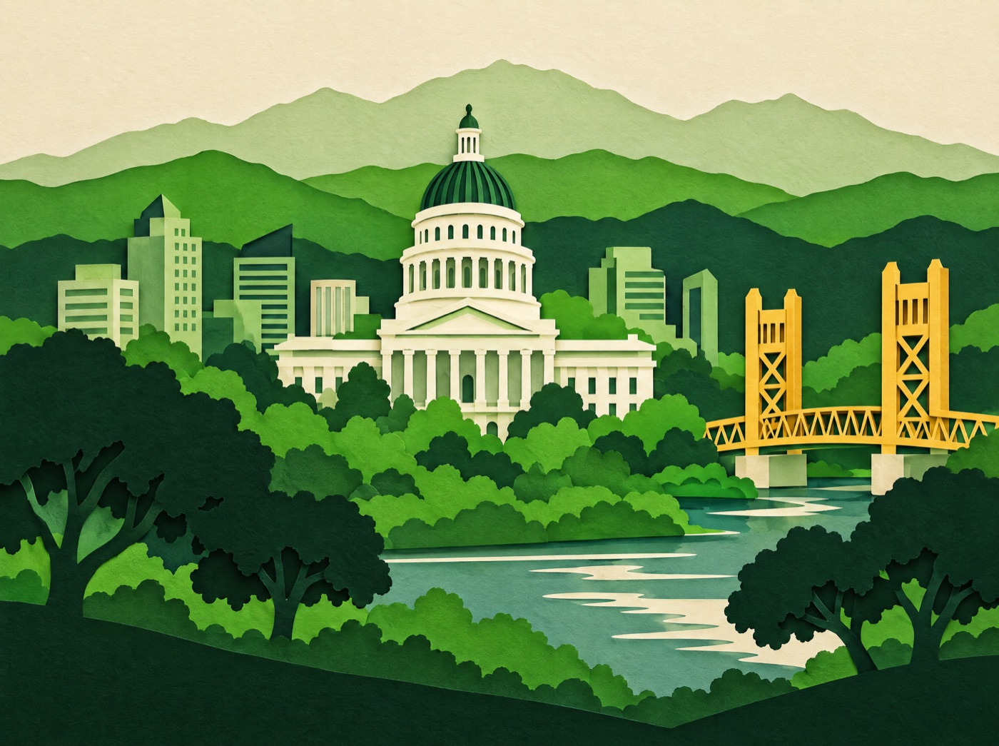 Paper-cut illustration of the Sacramento skyline: the State Capitol, the Tower Bridge, the river, and valley oaks